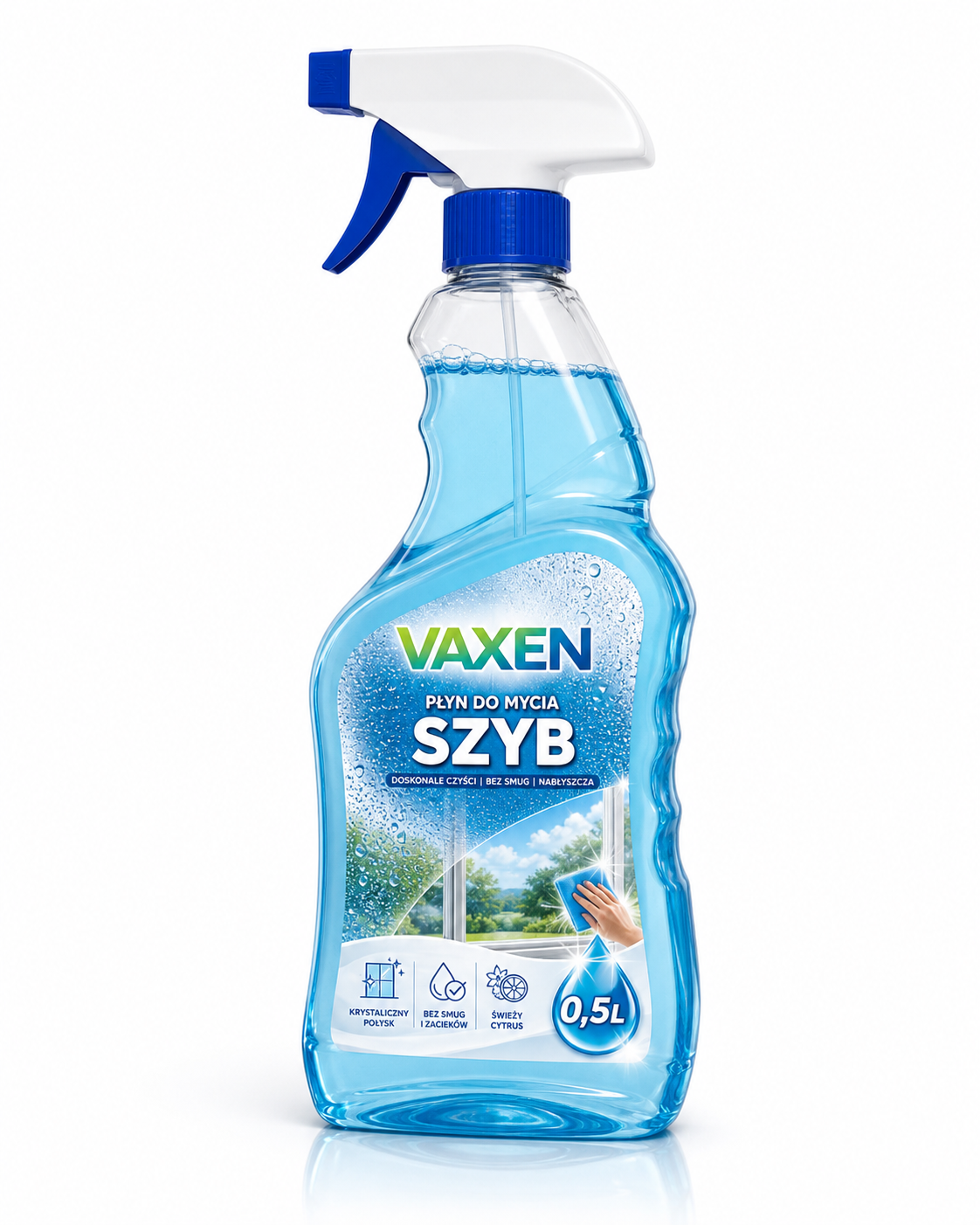 Butelka VAXEN płynu do mycia szyb 0,5 l z niebieskim atomizerem