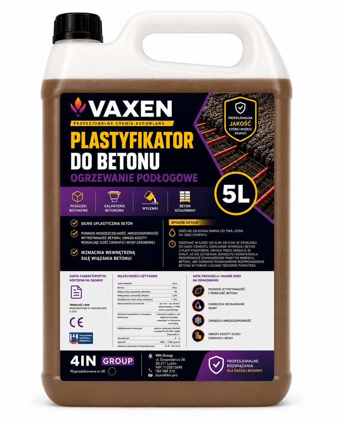 VAXEN Plastyfikator do Betonu Ogrzewanie Podłogowe 5L