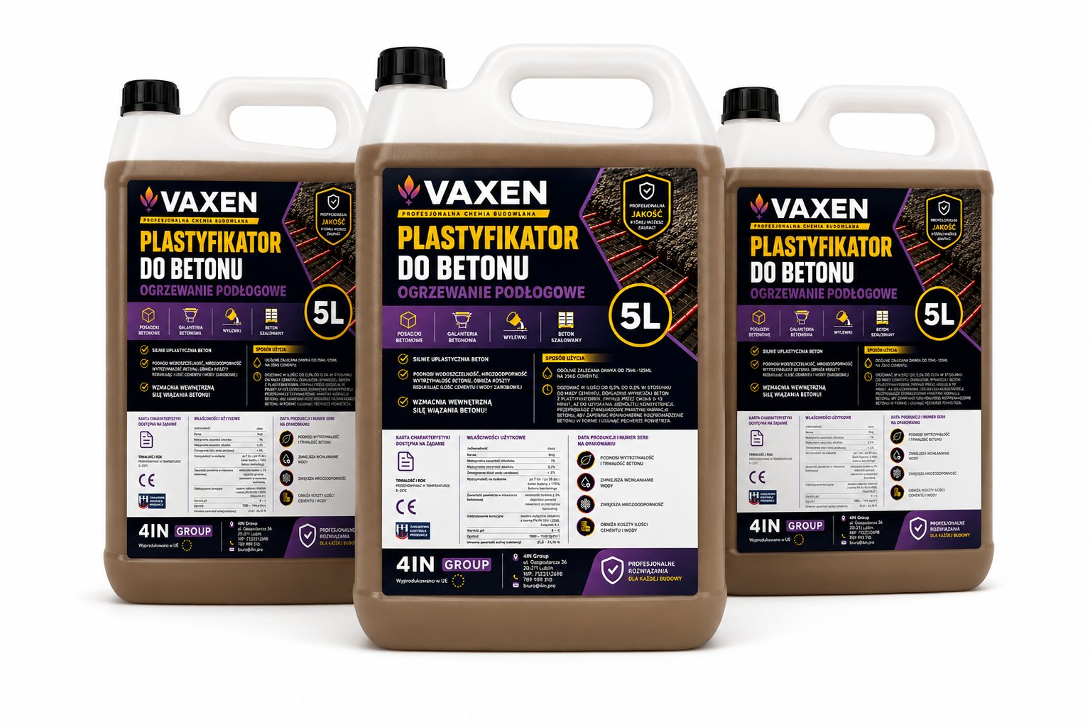 VAXEN Plastyfikator do Betonu Ogrzewanie Podłogowe 5L - zestaw 3 sztk.