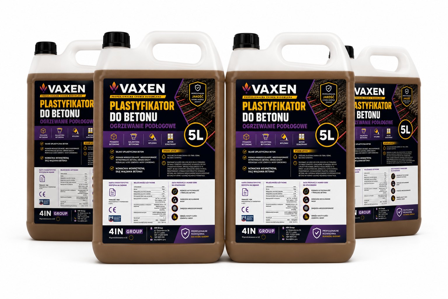 VAXEN Plastyfikator do Betonu Ogrzewanie Podłogowe 5L - zestaw 4 sztk.