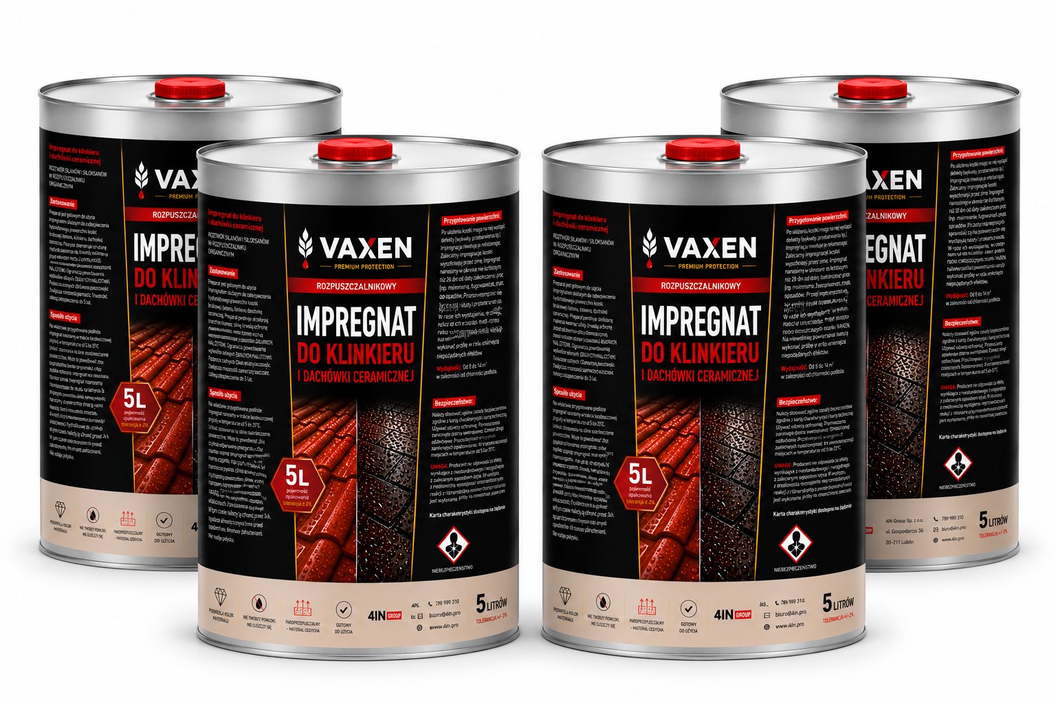 VAXEN Rozpuszczalnikowy Impregnat Do Klinkieru i Dachówki Ceramicznej 5L - zestaw 4 sztk.